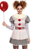 Creepy female clown from IT, costume dress, long sleeves, collar, pom pom buttons, stripes